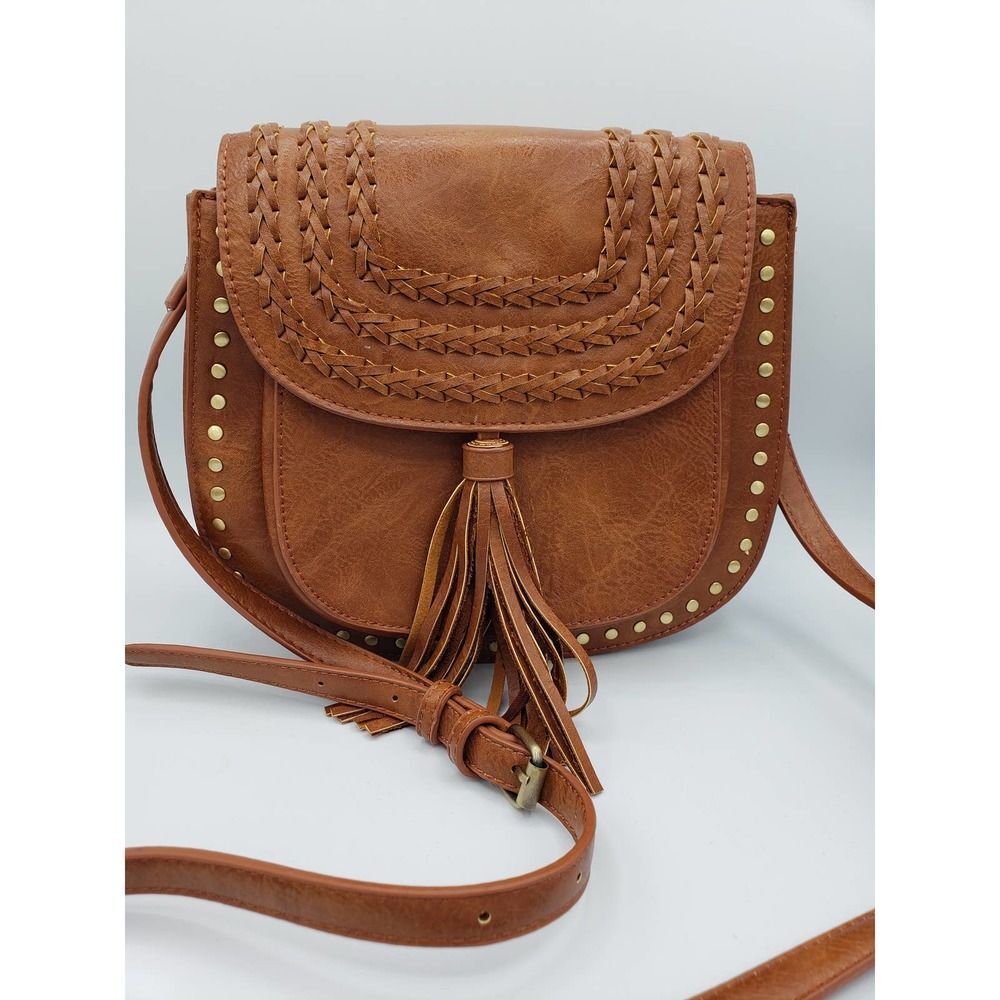 Womens Crossbody Antik Kraft Tan, tassel, stitchwork, studded, 70's, Boho